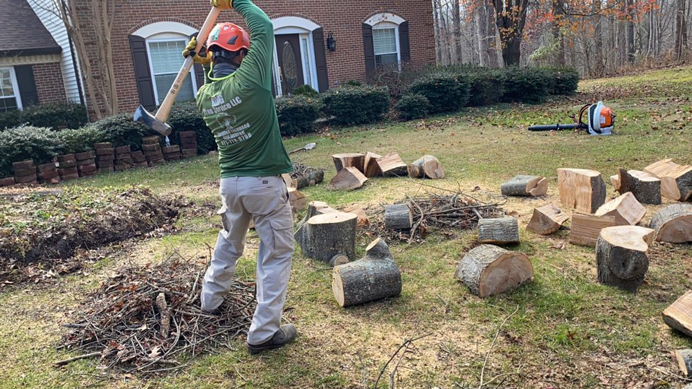 King Tree Services crew member splitting firewood logs with an axe during post-tree removal cleanup in a residential yard